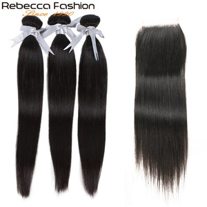 Rebecca Straight Hair Bundles With Closure 3 Bundles With Lace Closure Human Hair Extensions 8 To 28 Inch Bundles With Closure